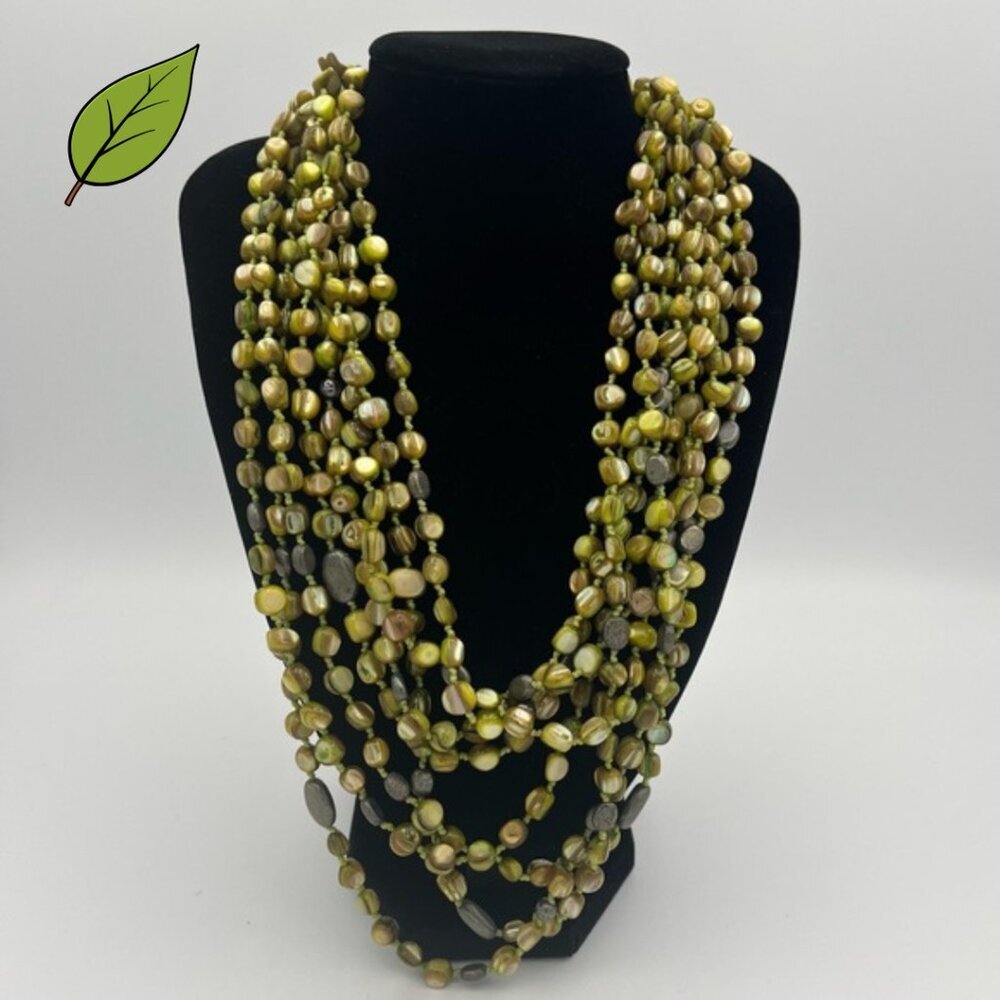 Rare Retired Silpada 8-Strand Green Mother of Pearl & Pyrite Necklace 186g